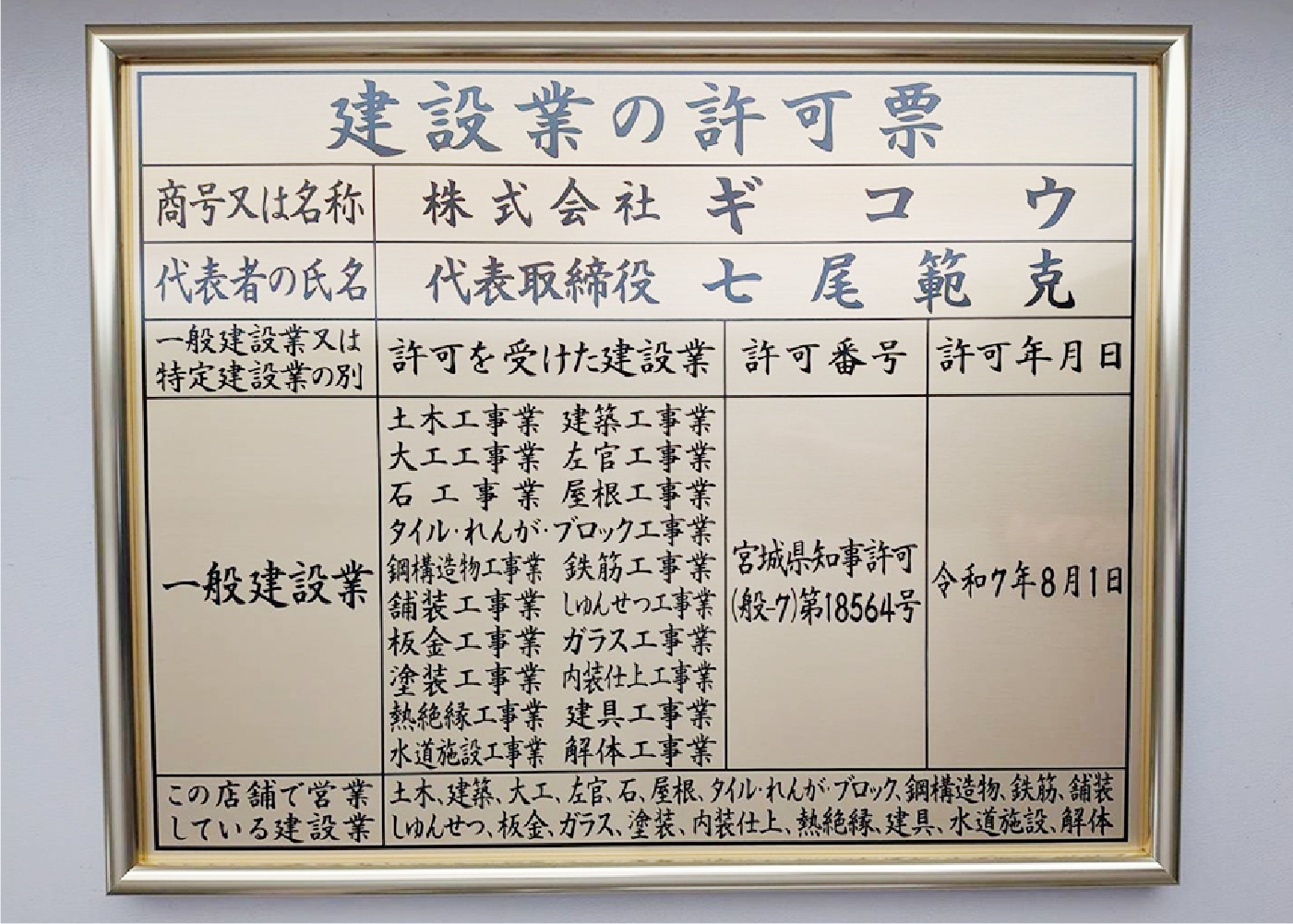 建設業の許可票